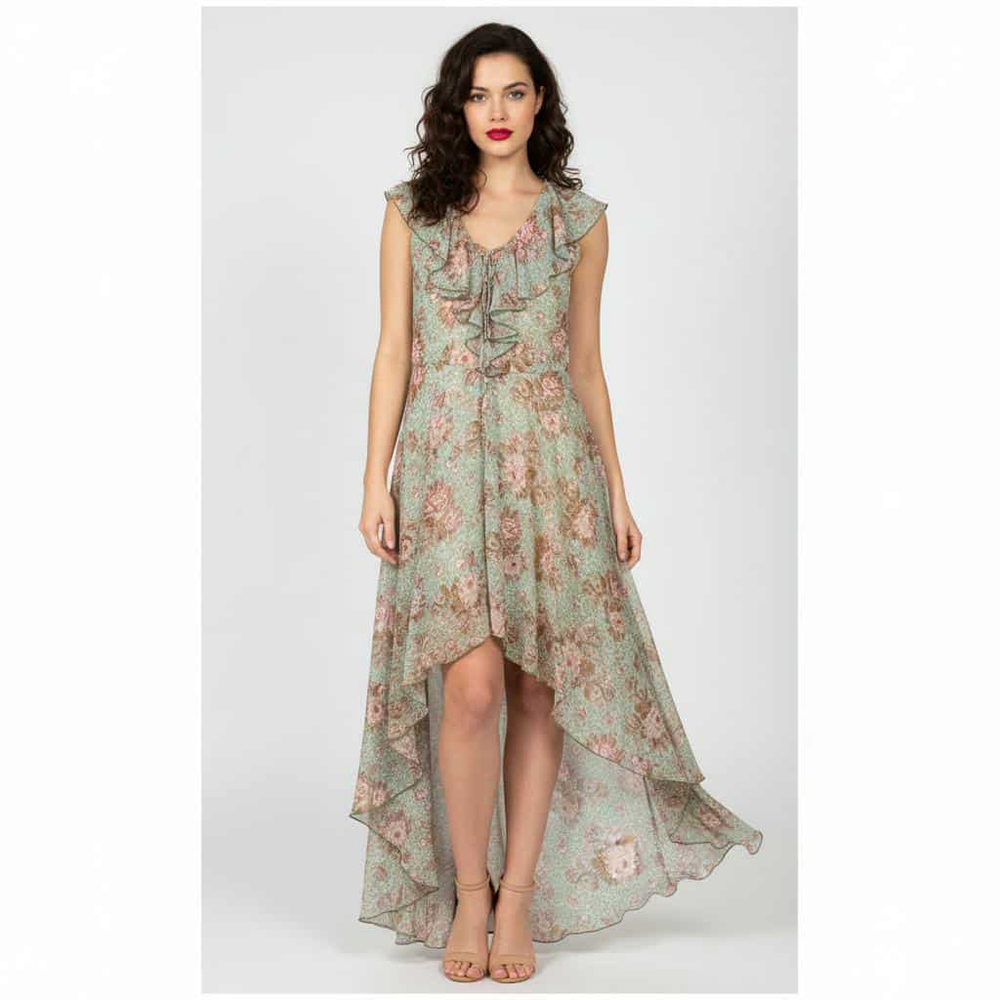 City triangles Sleeveless Floral Hi-Low Boho Chic Ruffle Maxi Dress Junior’s 9